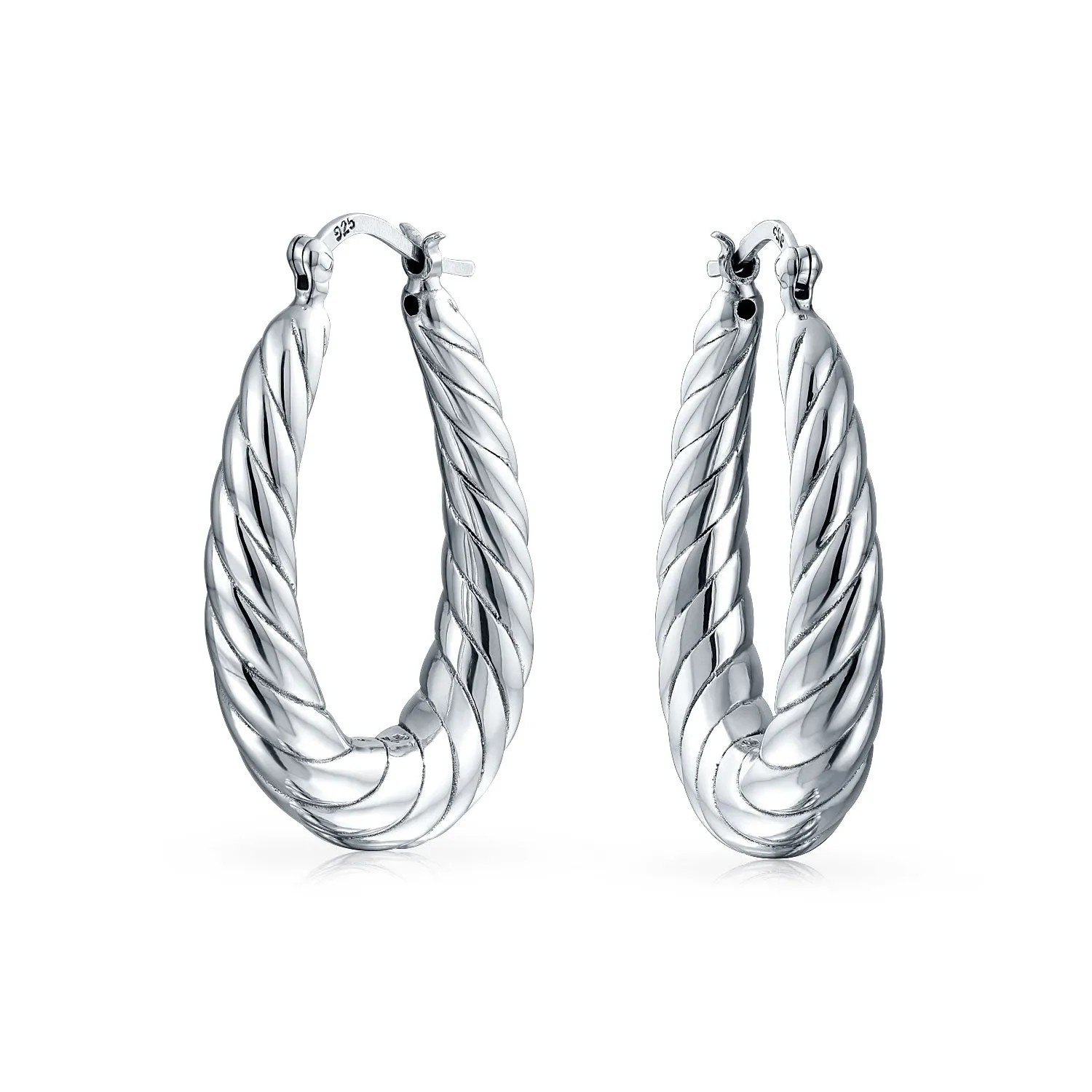 Twisted Wide Hollow Hoop Huggie Earrings in Sterling Silver 1.3 Inch Oval Tube