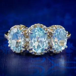 Victorian Style Blue Topaz Diamond Trilogy Gold Ring