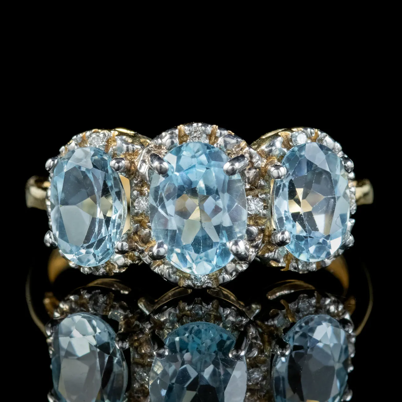 Victorian Style Blue Topaz Diamond Trilogy Gold Ring