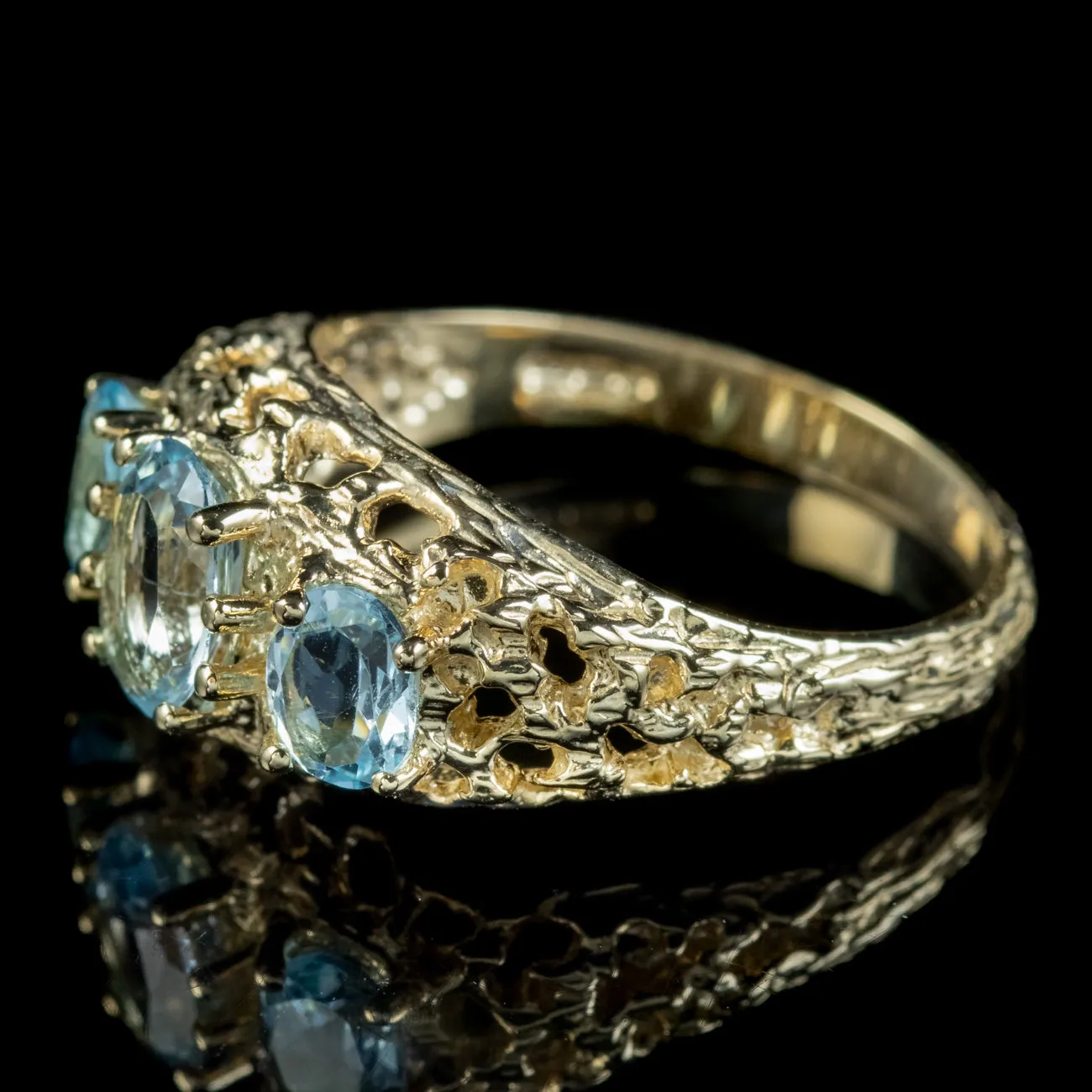 Victorian Style Blue Topaz Trilogy Ring 9ct Gold