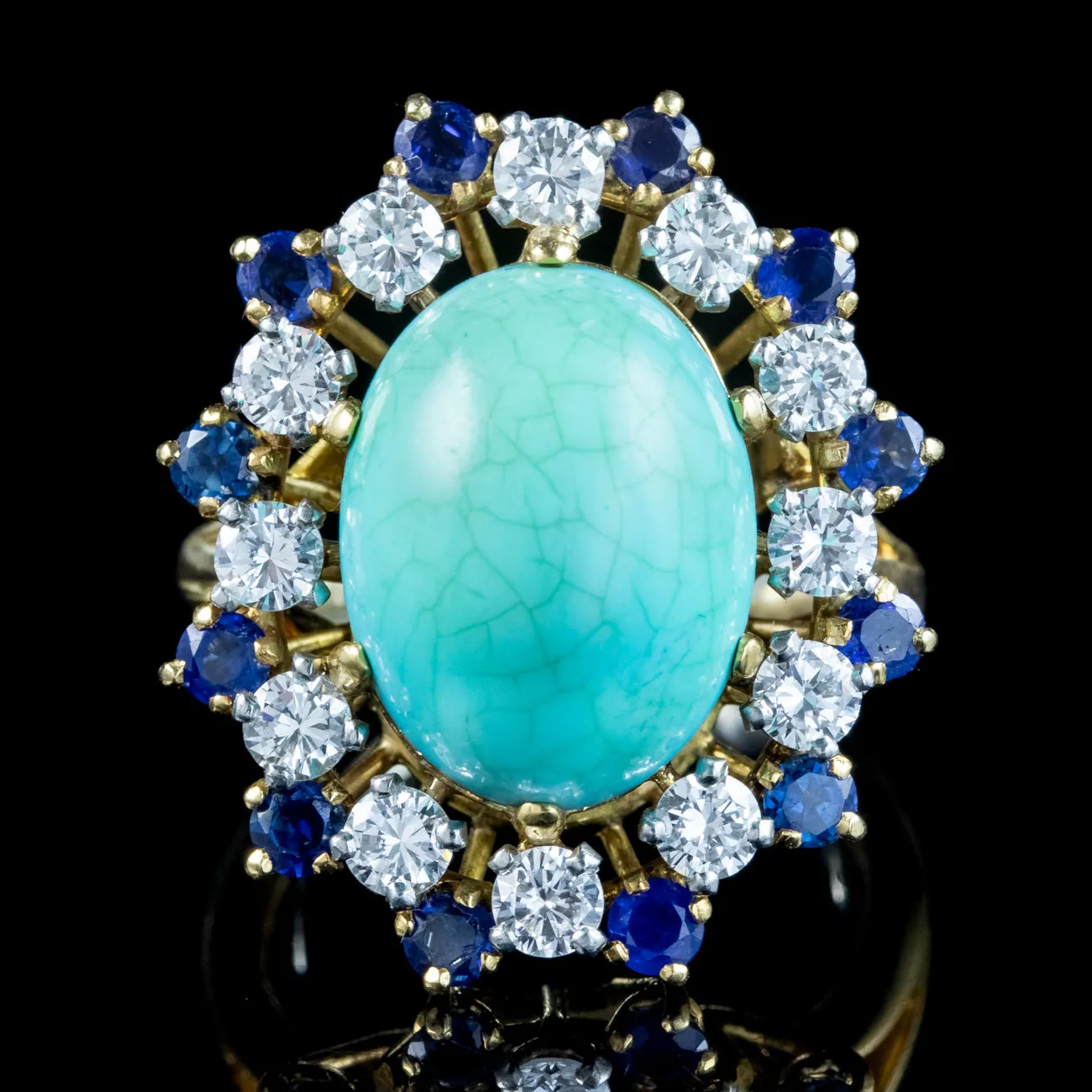 Vintage French Turquoise Sapphire Diamond Cocktail Ring 10ct Turquoise