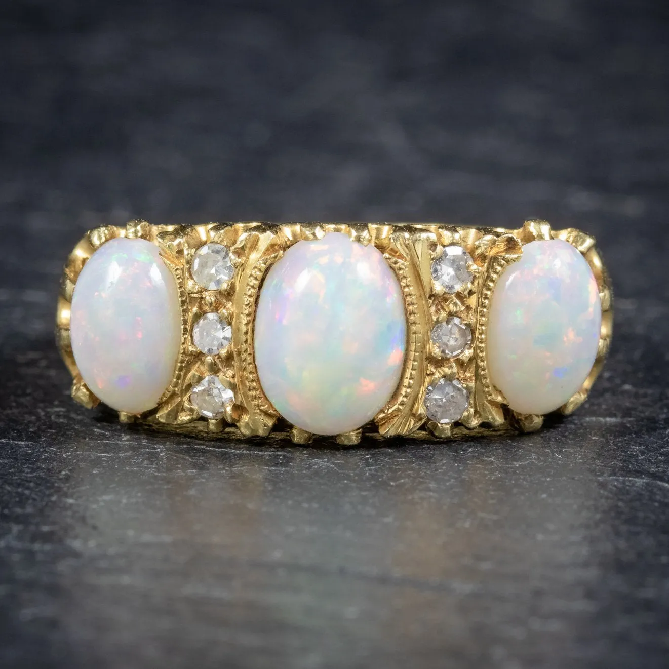 Vintage Natural Opal Trilogy Ring 18Ct Gold Dated London 1963