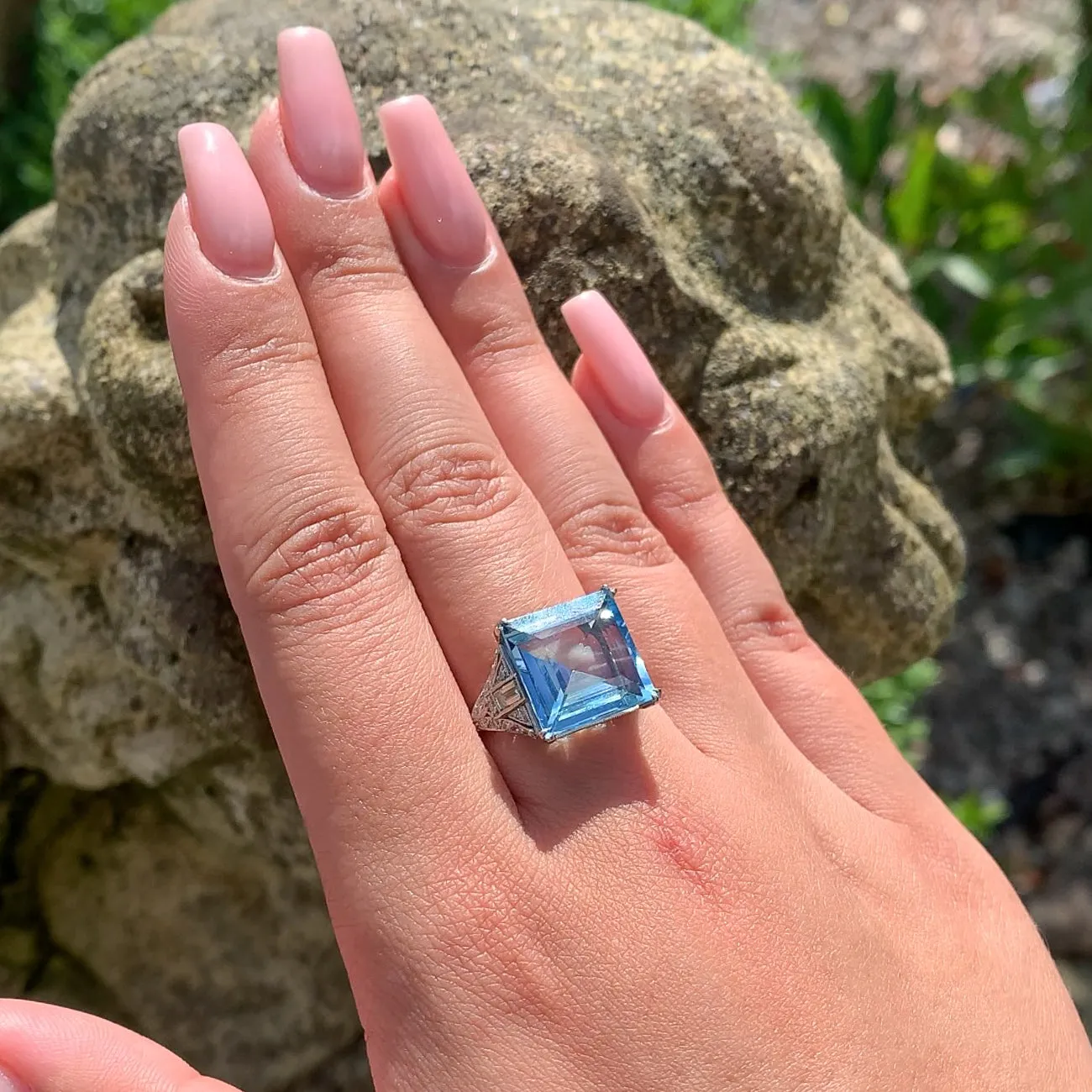 Vintage Square Aquamarine Diamond Ring 6ct Aqua