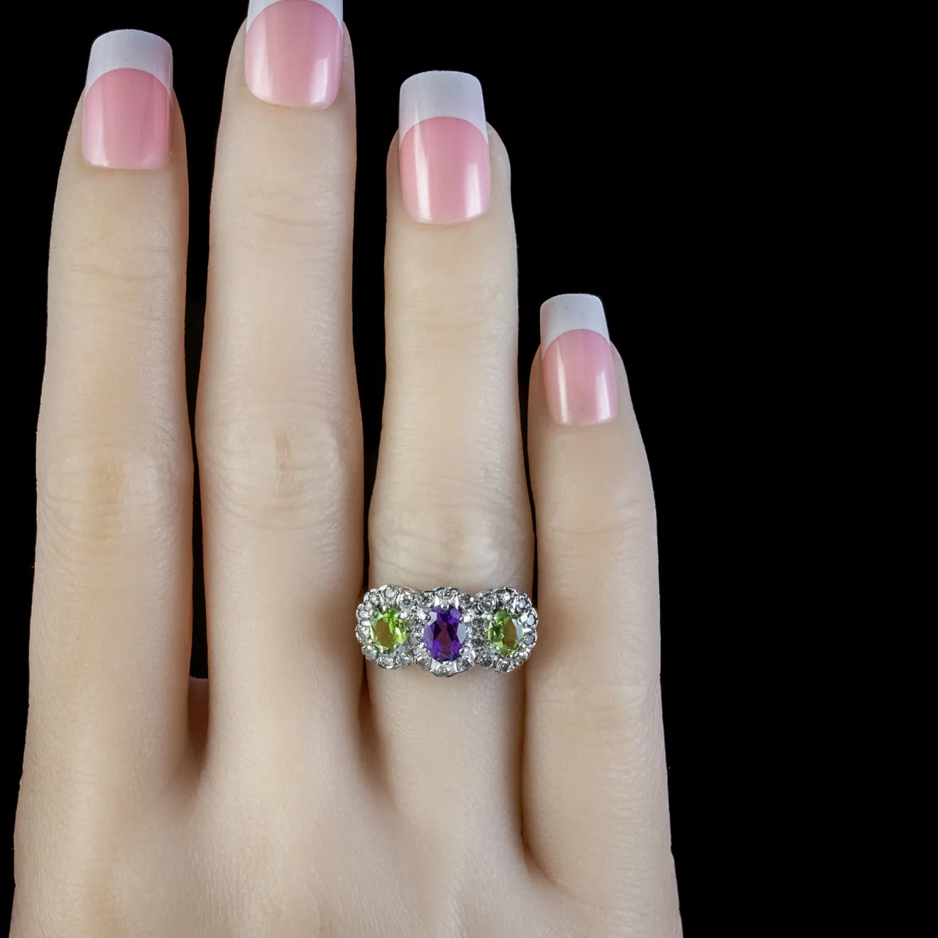 Vintage Suffragette Cluster Ring Diamond Peridot Amethyst Dated 1976