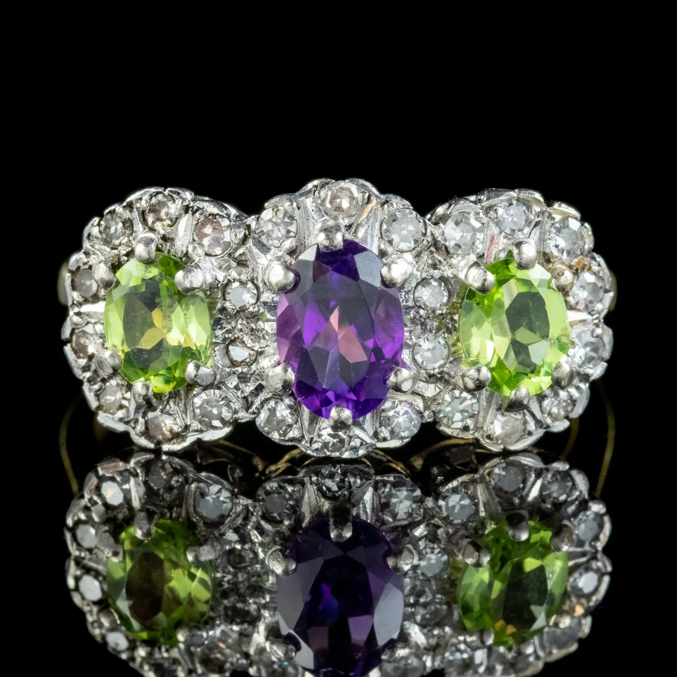 Vintage Suffragette Cluster Ring Diamond Peridot Amethyst Dated 1976